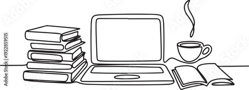 A laptop surrounded by books and a steaming cup of coffee on a desk viewed from the front