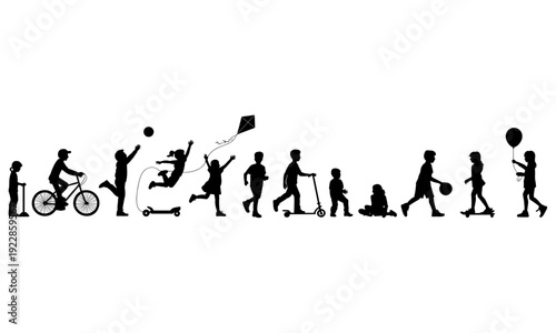 Children playing with toys and sports equipment in silhouette kids transparent background white background