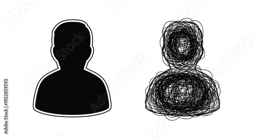 Abstract profile featuring a solid silhouette and chaotic scribbled form