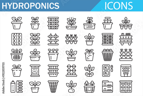 Hydroponics Outline Icons Set – Indoor Farming, Soilless Gardening, Plant Growth System and Smart Agriculture Line Art Vector Collection for Urban Farming and Agritech Design
