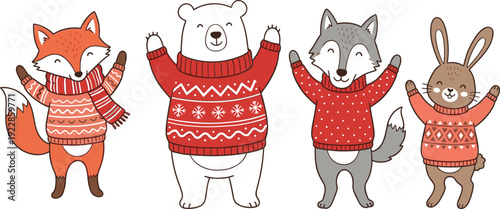Cute hand drawn winter animals set featuring a fox, polar bear, wolf, and rabbit wearing red festive Christmas sweaters and scarves.