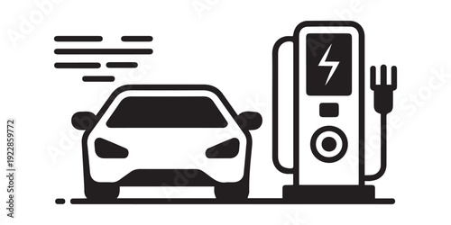 Sustainable transportation concept illustrating an electric car at a charging station for green energy, eco-friendly travel, and power infrastructure symbol.