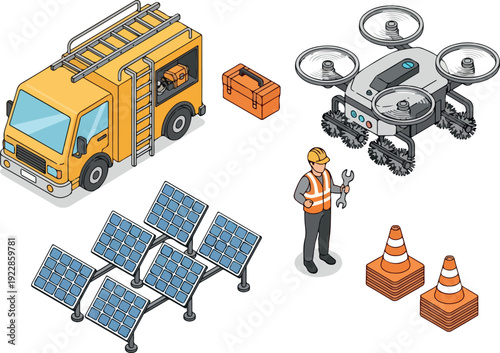 Technician operating drone near truck and solar panels on construction site with safety cones