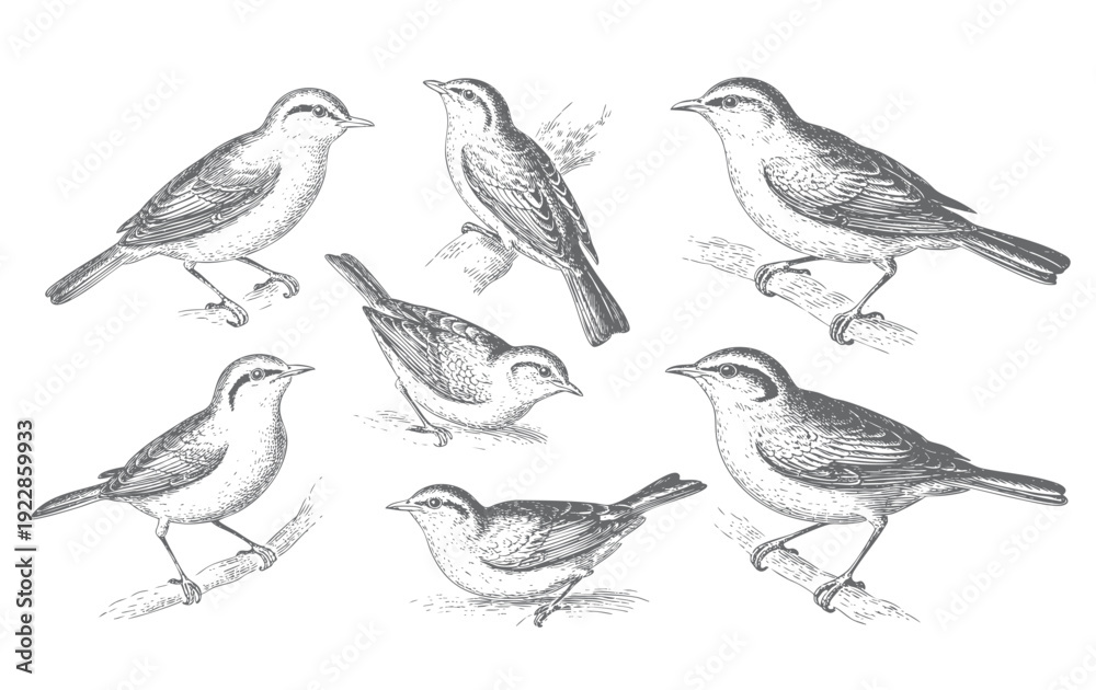 Fototapeta premium Vintage sparrow bird collection in classic engraving ink sketch style isolated on white background.