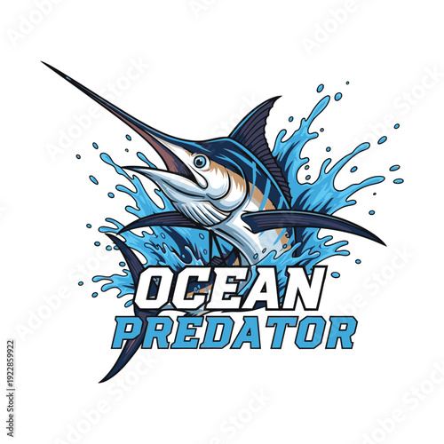 Fishing A marlin fish jumping out of the ocean water with a predator logo tshirt design