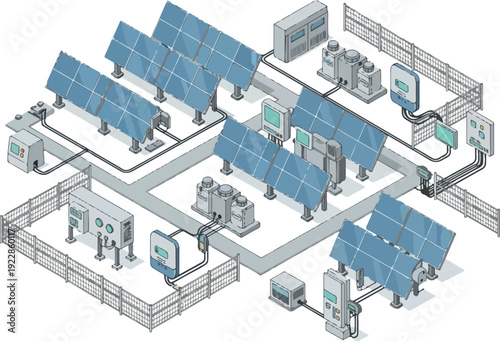 Solar panels installed in a facility with machinery and control systems for renewable energy production viewed from above