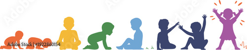 Colorful silhouettes of children in various poses and developmental stages development stages growth