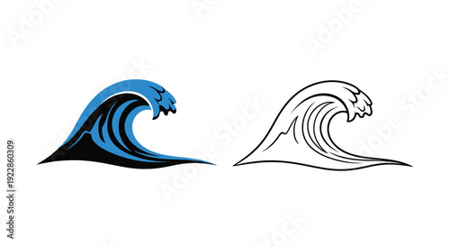 Two stylized ocean waves one colored one monochrome
