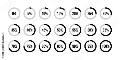 Circular Loading Progress Bar Vector Set with Percentage Indicators from 0% to 100%. Black Circle Process Loader Icons 0%, 5%, 10%, 20%, 20%, 30%, 40%, 50%, 60%, 70%, 80%, 90%, 100%
