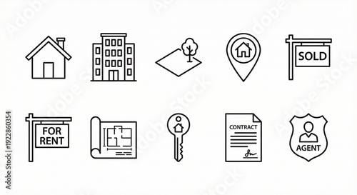 Real Estate Line Icons Set – House, Apartment, For Rent, Sold Sign Vector Collection