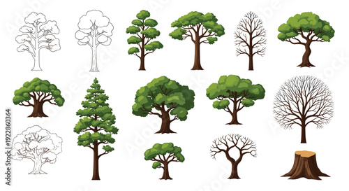 Collection of different tree species including deciduous, evergreen, leafless, and stumps represented in various artistic styles.