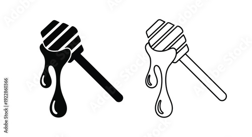 Two honey dippers with dripping honey one filled and one outline