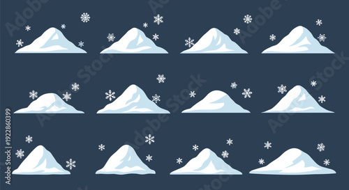 Array of white snow mounds and piles with falling snowflakes against a dark blue background for winter landscape scenes.