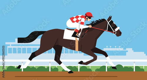 A jockey riding a brown horse runs fast on a track with a grandstand.