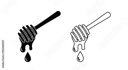 Two honey dippers with dripping honey one solid black and one outline