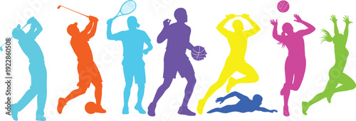 Colorful silhouettes of people playing various sports athletes