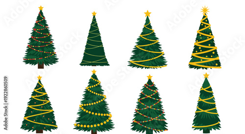 Set of eight stylized evergreen christmas trees decorated with gold garlands, colorful baubles, and bright yellow stars for holidays.