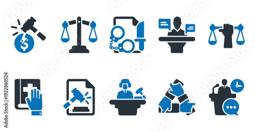 Set of modern flat icons representing law justice and legal services with judge gavel and scales
