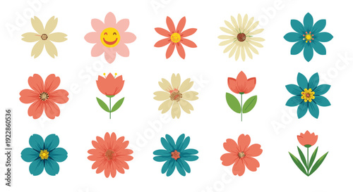 Fun grid of colorful flowers in various shades and shapes including one with a happy smiley face for playful and youthful designs.