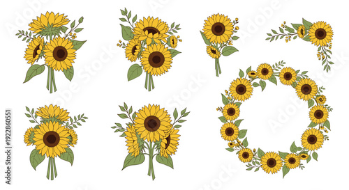 Collection of beautiful sunflower arrangements including bouquets, a corner spray, and a full wreath with green leaves and small flowers.