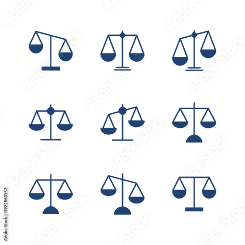 Set of nine balance scale icons in dark blue, showing various weights