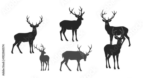 Collection of black deer silhouettes with majestic antlers in various standing and walking poses isolated on white background.