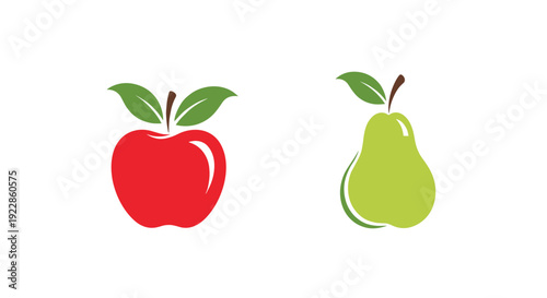 Simple stylized graphic icons of a red apple and a green pear with leaves and highlights on a clean white background.