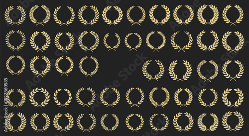 Large set of golden laurel wreaths and trophy olive branches in various designs and styles isolated on a dark charcoal background.