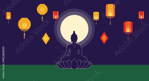 Buddha meditates peacefully under lanterns and full moon in serene environment at night.