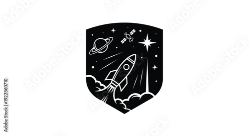 A black shield emblem depicting a rocket launch into a starry space
