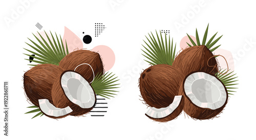 Tropical composition featuring whole and halved coconuts with palm leaves and abstract graphic elements on a white background.