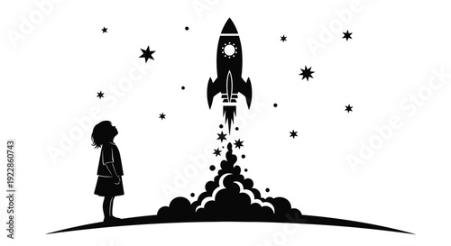 A young girl watches a rocket launch into a starry night sky