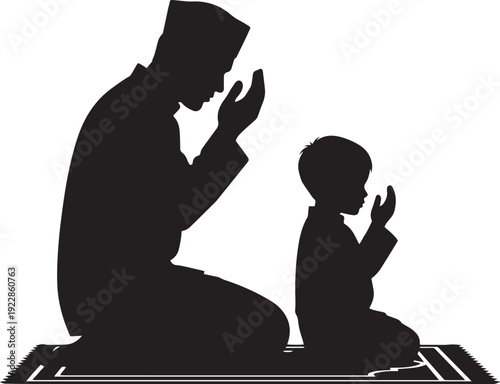 Silhouette father and son praying together on prayer mat, religious Islamic worship and devotion, spiritual connection and family bonding, peaceful moments of faith and prayer