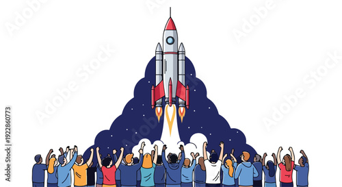 Illustration of a diverse crowd celebrating the launch of a rocket on International Day of Human Space Flight with a vibrant and uplifting mood.