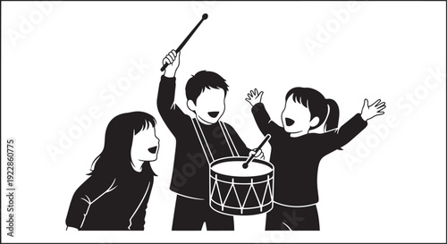 Children playing drum and singing, happy joyful kids celebrating, energetic group having fun, black silhouette on transparent background, festive moment vector illustration
