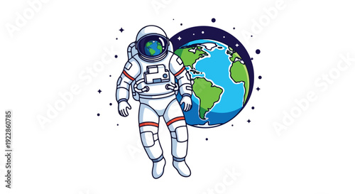 Illustration of an astronaut in a white spacesuit floating next to a blue and green Earth on International Day of Human Space Flight.