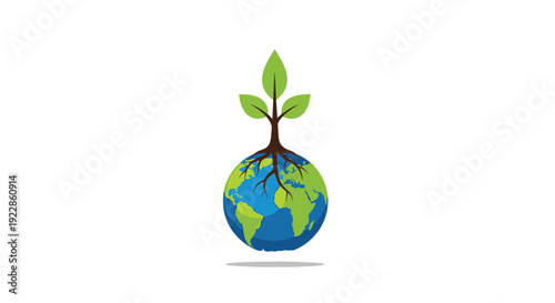 Conceptual illustration of a young green plant with deep roots growing out of the planet Earth against a white background.