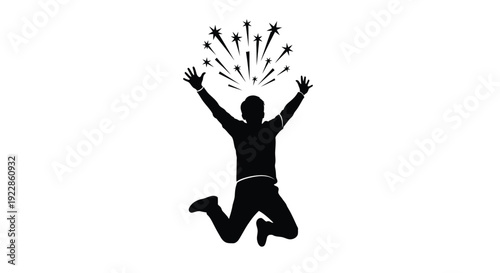 Silhouette of a person jumping with arms raised amid fireworks