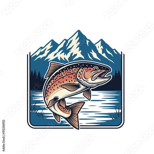 Fishing A colorful trout jumping out of a serene mountain lake tshirt design