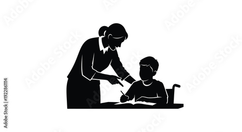 A teacher assists a young student with their schoolwork