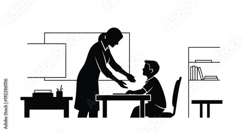 A teacher assists a student at a desk in a classroom setting