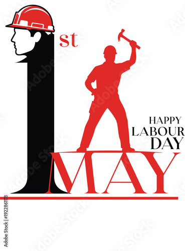 International labour day celebration poster with red worker silhouette and number one