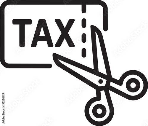 Simple vector graphic of scissors cutting a tax paper document representing government financial tax cut policy
