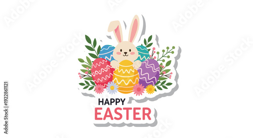 Festive easter illustration with a cute bunny rabbit hiding behind colorful decorated eggs and surrounded by spring flowers and leaves.