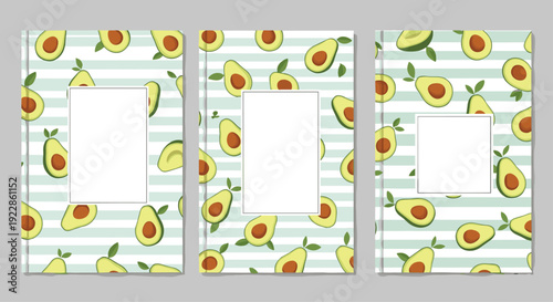 Set of three notebook cover designs featuring a healthy avocado pattern with halves on a light green and white striped background.