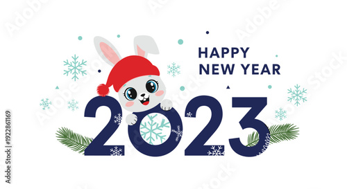 Cute happy new year twenty twenty three banner featuring a white rabbit character wearing a red santa hat among snowflakes.