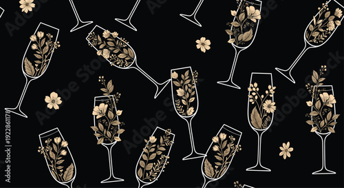 Creative seamless pattern featuring champagne flutes filled with delicate wildflowers and greenery on a solid black background.