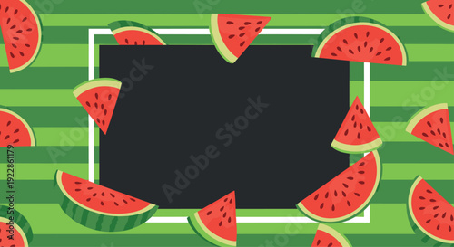 Summer themed chalkboard frame surrounded by scattered watermelon slices over a green striped background for menus or notes.