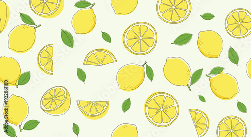 Seamless background with lemons, lemon slices, and green leaves on a light mint green background for kitchen decor.