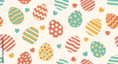 Playful seamless pattern with decorated easter eggs and colorful hearts on a cream background for holiday celebrations.